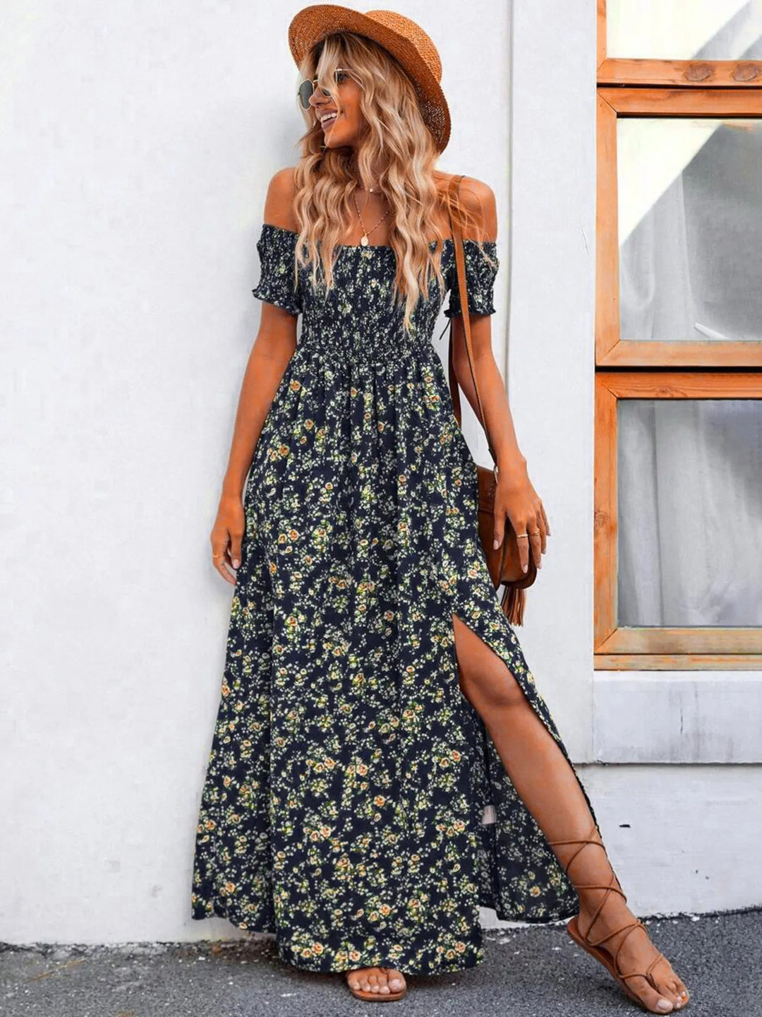 Plus Size Off-Shoulder Floral Dress with smocked neckline, side slit, and flowing midi silhouette in soft floral print
