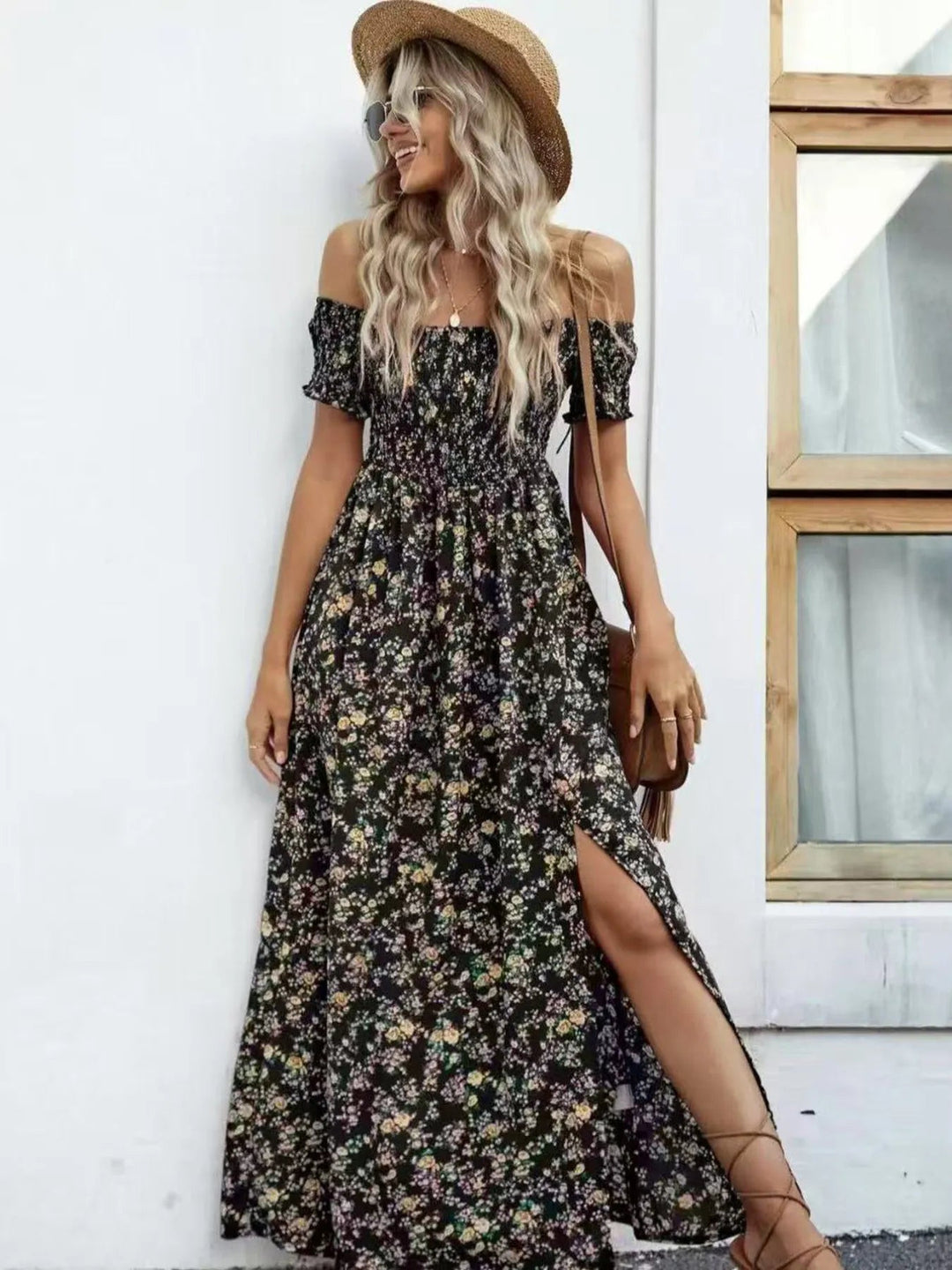 Plus Size Off-Shoulder Floral Dress with smocked neckline, side slit, and flowing midi silhouette in soft floral print
