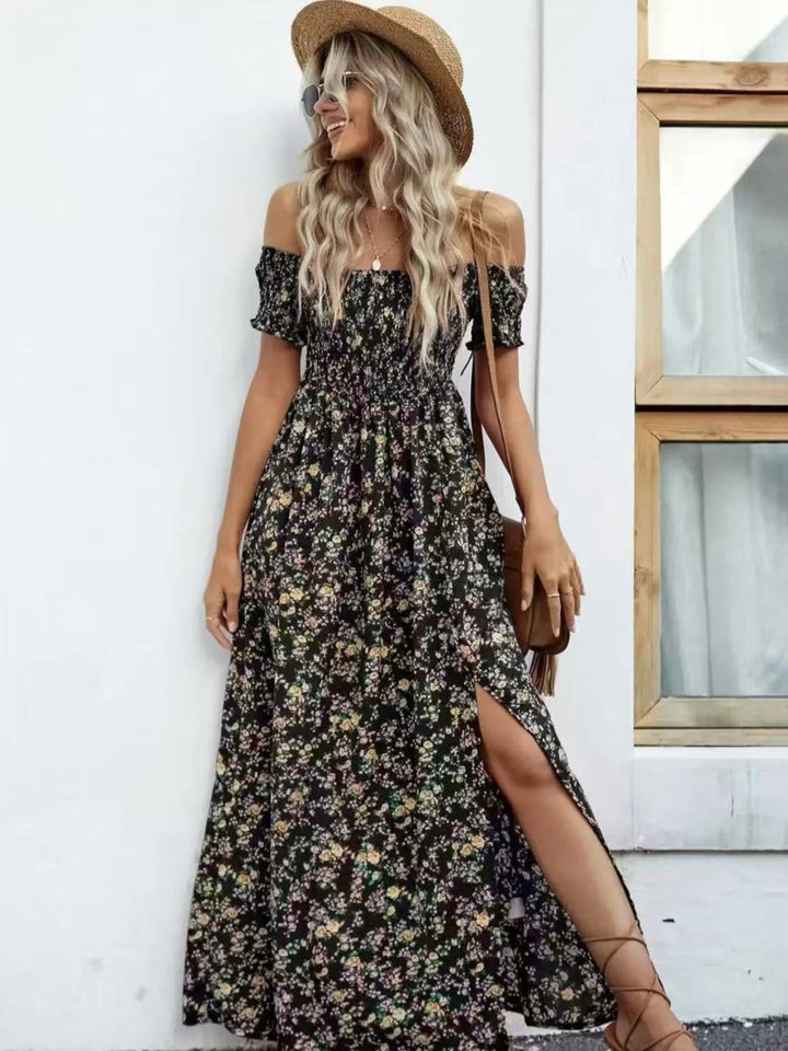 Plus Size Off-Shoulder Floral Dress with smocked neckline, side slit, and flowing midi silhouette in soft floral print