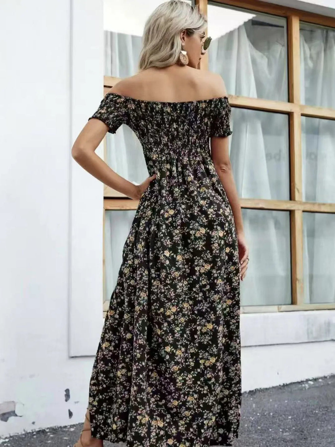 Plus Size Off-Shoulder Floral Dress with smocked neckline, side slit, and flowing midi silhouette in soft floral print