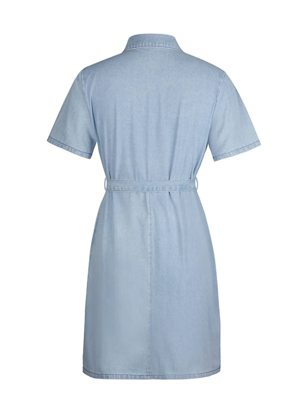 Plus Size Zip Front Denim Dress with short sleeves, adjustable tie waist, functional pockets, and flattering structured silhouette