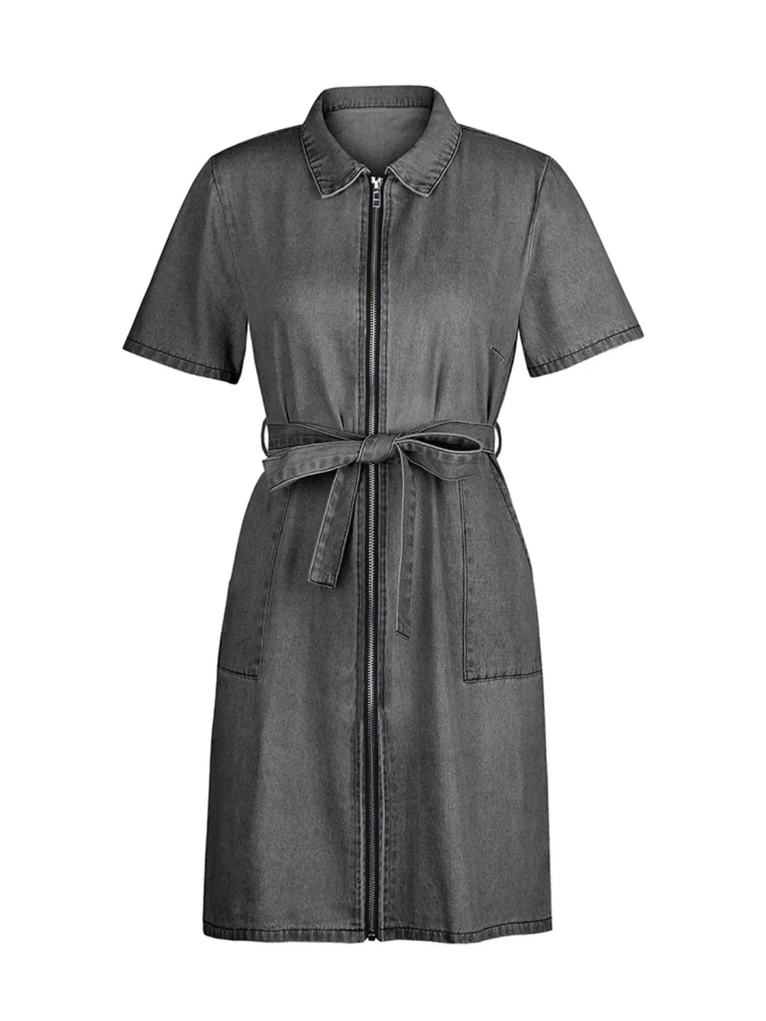 Plus Size Zip Front Denim Dress with short sleeves, adjustable tie waist, functional pockets, and flattering structured silhouette