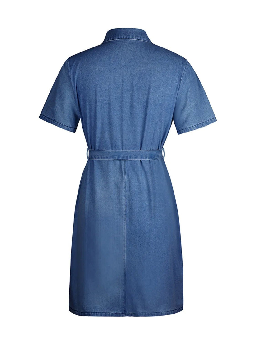 Plus Size Zip Front Denim Dress with short sleeves, adjustable tie waist, functional pockets, and flattering structured silhouette