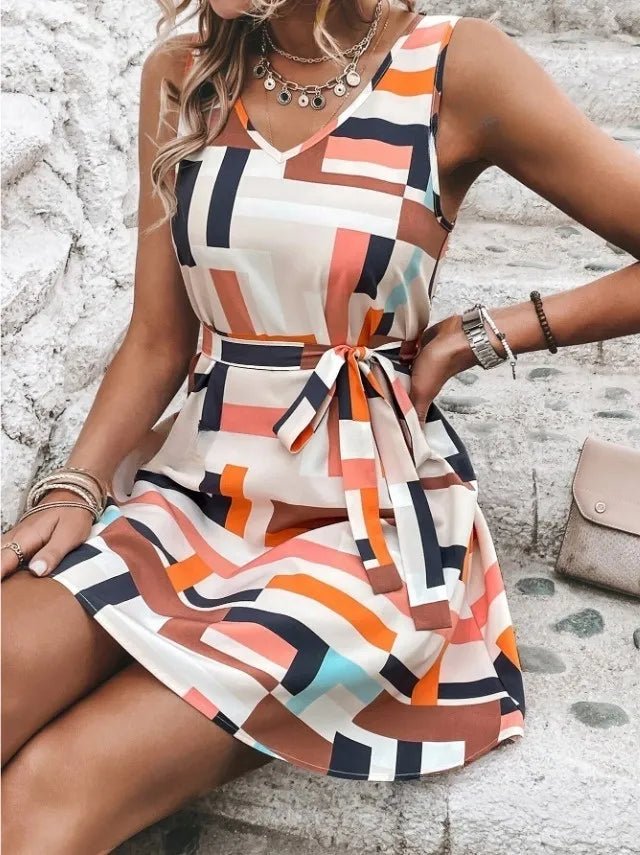 Geometric Print Mini Dress with sleeveless cut, belted waist, and tailored mini silhouette in bold patterned fabric