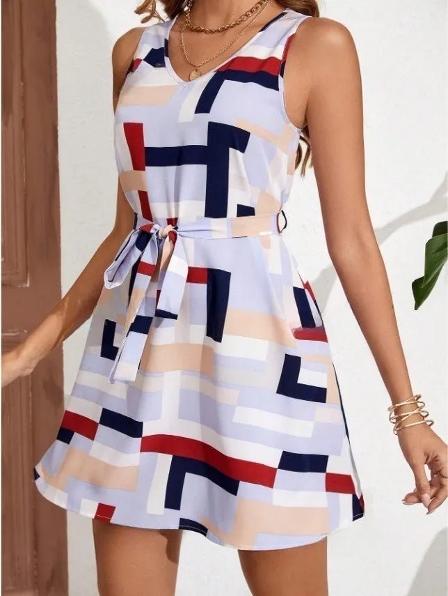 Geometric Print Mini Dress with sleeveless cut, belted waist, and tailored mini silhouette in bold patterned fabric
