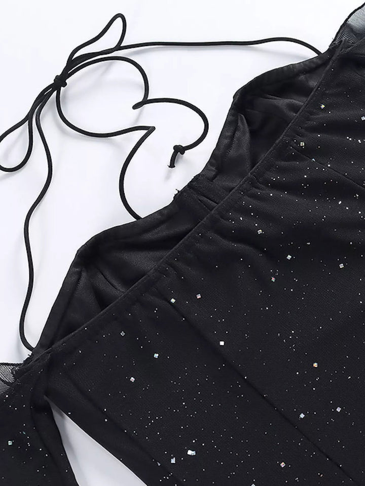 Glitter Mini Dress Sleeves with sheer long sleeves, side split detail, body-contouring mini silhouette, and refined shimmering fabric.