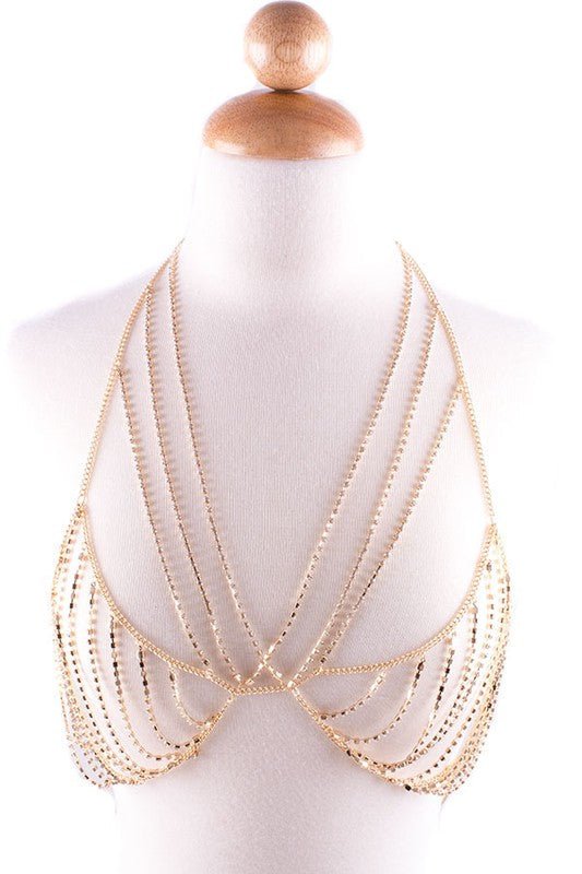 Gold Rhinestone Bralette body jewelry with gold tone metal, V-neck body chain design, rhinestone bodice, and eye hook closure