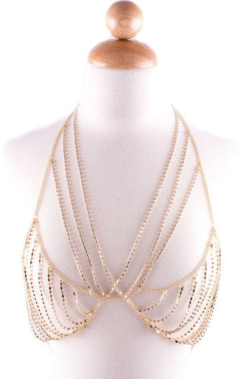 Gold Rhinestone Bralette body jewelry with gold tone metal, V-neck body chain design, rhinestone bodice, and eye hook closure