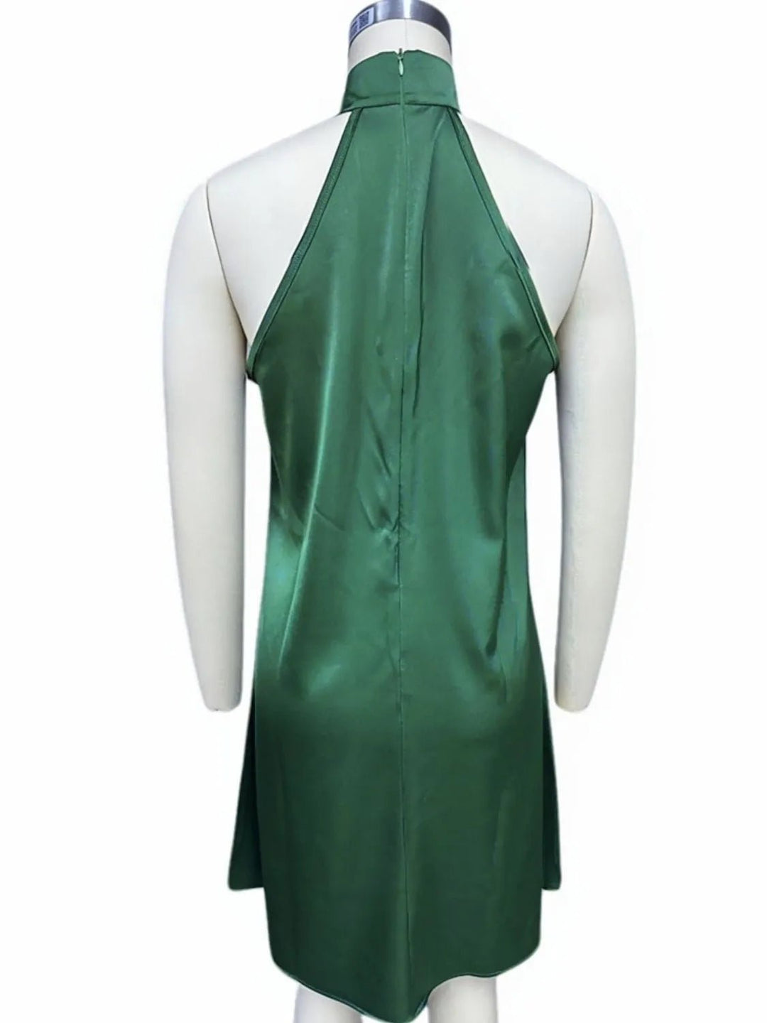 Grecian Neck Satin Dress with twisted bodice detail and sleek mini silhouette in smooth satin fabric