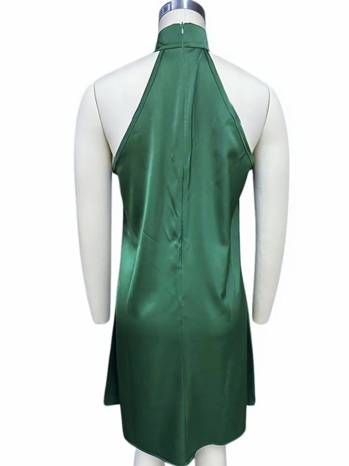 Grecian Neck Satin Dress with twisted bodice detail and sleek mini silhouette in smooth satin fabric