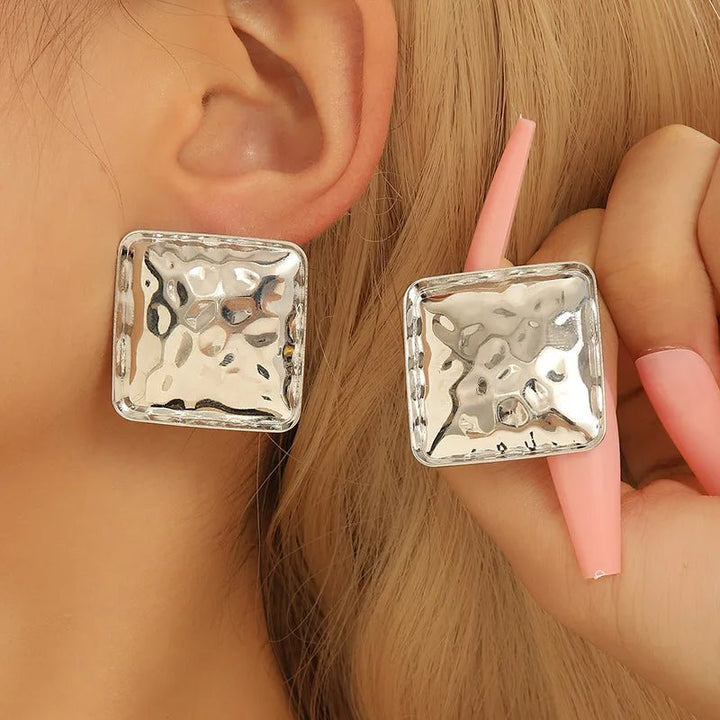 Women’s Retro Square Earrings in gold alloy with handmade hammered design and 304 stainless steel ear needles