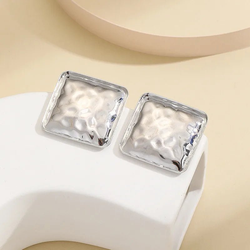 Women’s Retro Square Earrings in gold alloy with handmade hammered design and 304 stainless steel ear needles