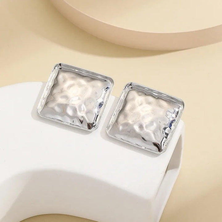 Women’s Retro Square Earrings in gold alloy with handmade hammered design and 304 stainless steel ear needles