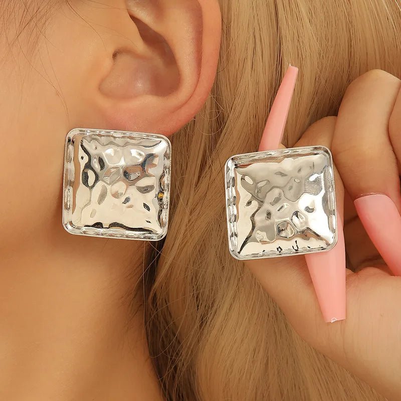 Women’s Retro Square Earrings in gold alloy with handmade hammered design and 304 stainless steel ear needles