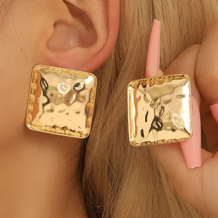 Women’s Retro Square Earrings in gold alloy with handmade hammered design and 304 stainless steel ear needles