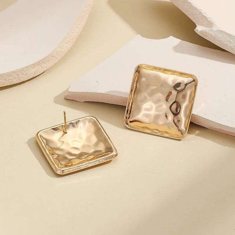 Women’s Retro Square Earrings in gold alloy with handmade hammered design and 304 stainless steel ear needles