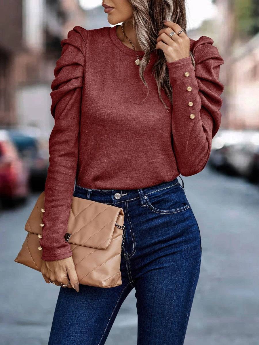 Women’s cashmere puff sleeve top in black, navy, wine red, orange, and pea green, slim fit round neck long sleeve pullover