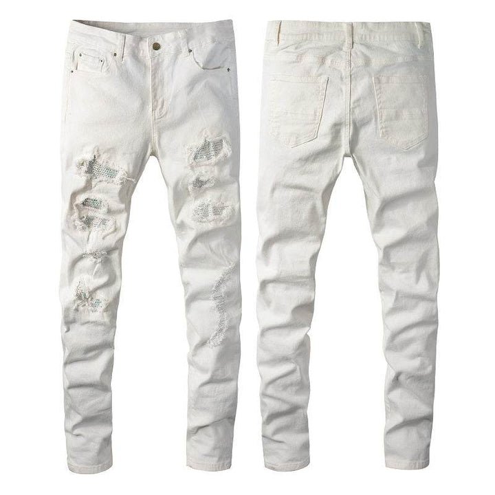 Hot Drill Patch Hole White Slim - Fit Pants for Men - Glow Goddess
