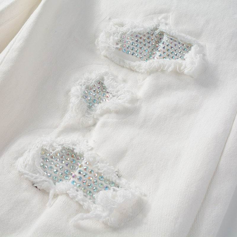 Hot Drill Patch Hole White Slim - Fit Pants for Men - Glow Goddess