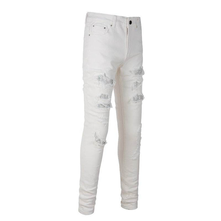Hot Drill Patch Hole White Slim - Fit Pants for Men - Glow Goddess
