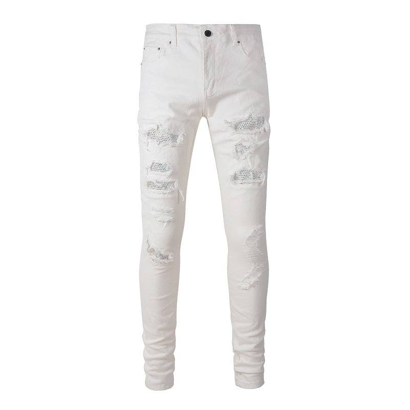 Hot Drill Patch Hole White Slim - Fit Pants for Men - Glow Goddess