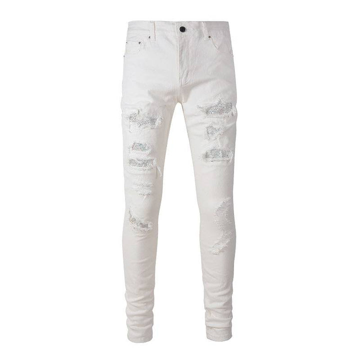 Hot Drill Patch Hole White Slim - Fit Pants for Men - Glow Goddess