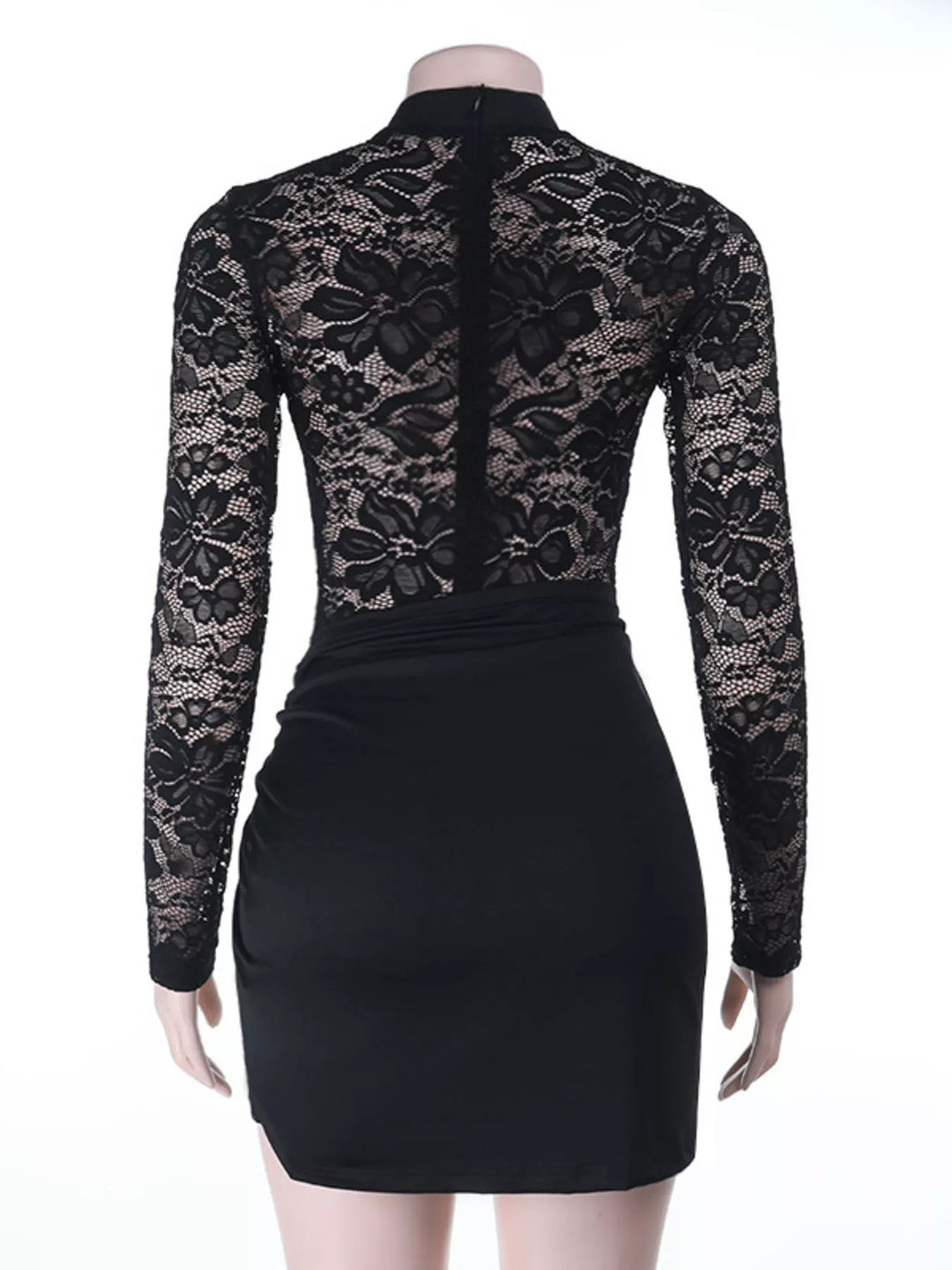 Lace Long Sleeve Bodycon Dress in sheer floral lace with twisted waist detail and fitted mini silhouette