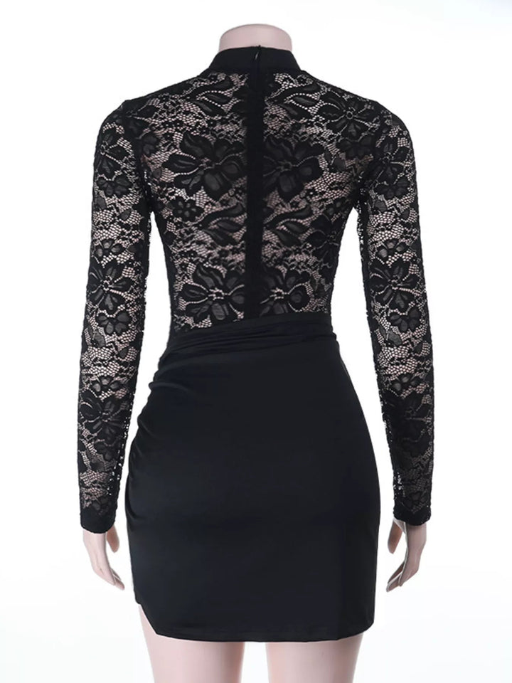 Lace Long Sleeve Bodycon Dress in sheer floral lace with twisted waist detail and fitted mini silhouette