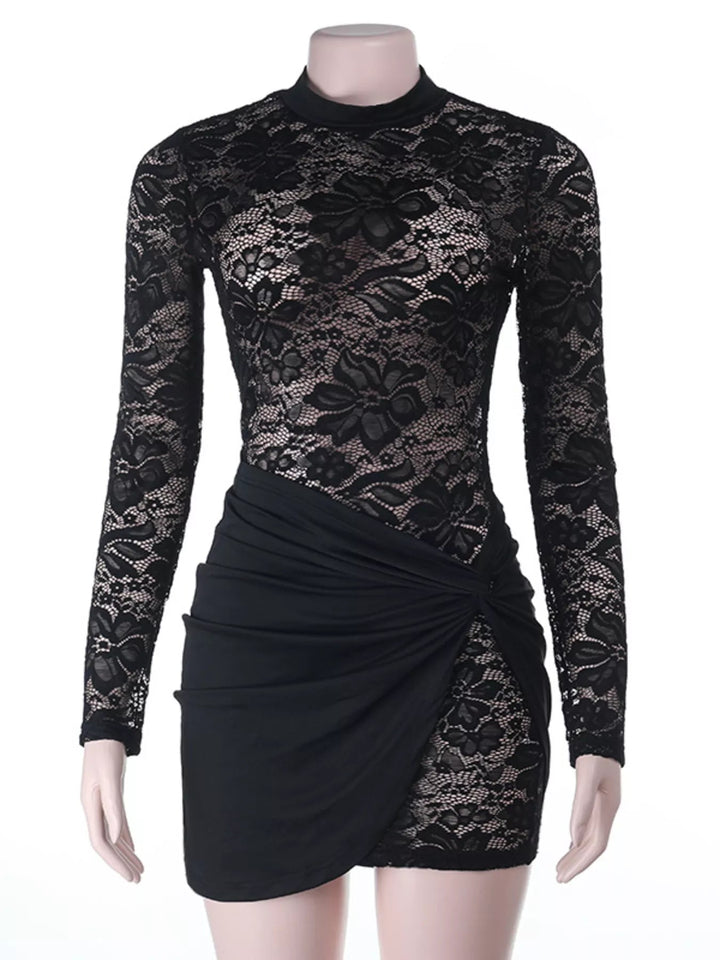 Lace Long Sleeve Bodycon Dress in sheer floral lace with twisted waist detail and fitted mini silhouette