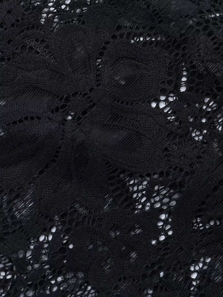 Lace Long Sleeve Bodycon Dress in sheer floral lace with twisted waist detail and fitted mini silhouette