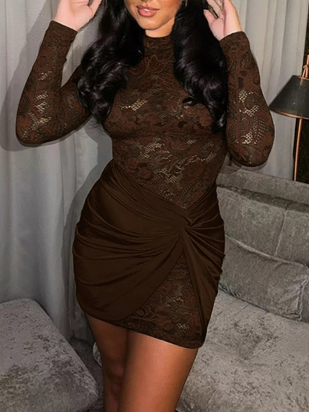 Lace Long Sleeve Bodycon Dress in sheer floral lace with twisted waist detail and fitted mini silhouette