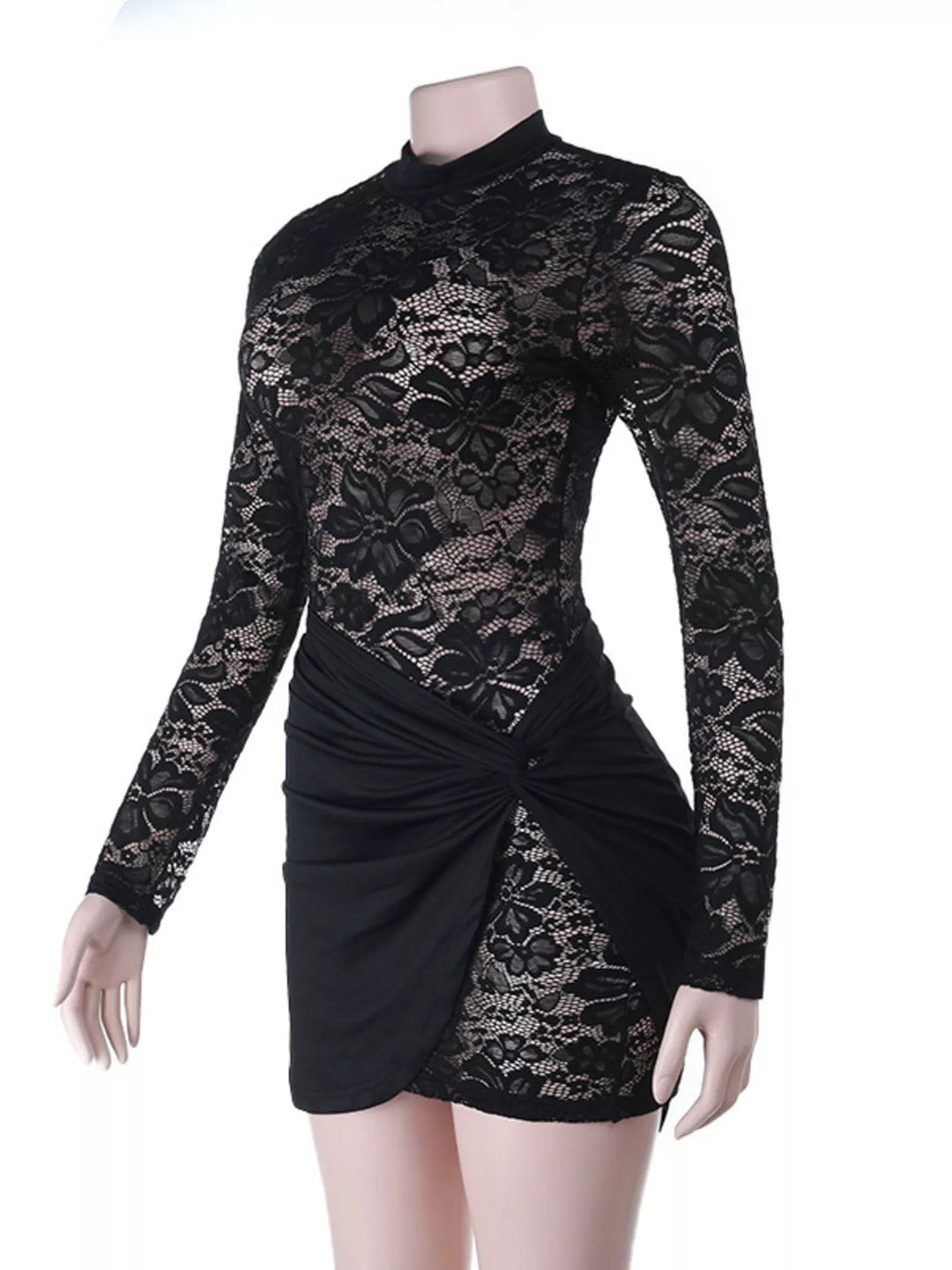 Lace Long Sleeve Bodycon Dress in sheer floral lace with twisted waist detail and fitted mini silhouette