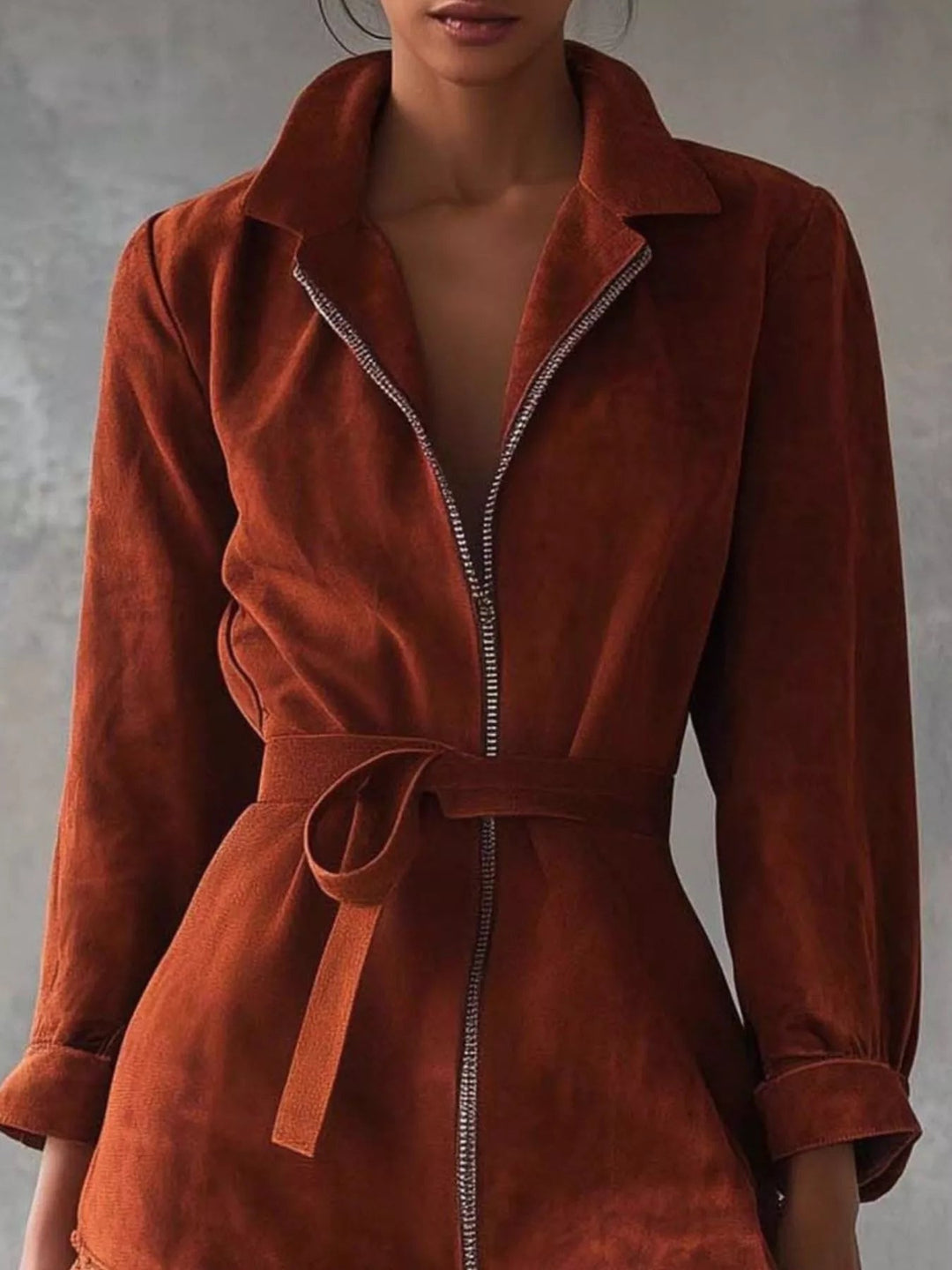 Lace Trim Zip Dress featuring delicate lace detailing, front zipper closure, belted waist, sleek tailored silhouette, and feminine structured design.