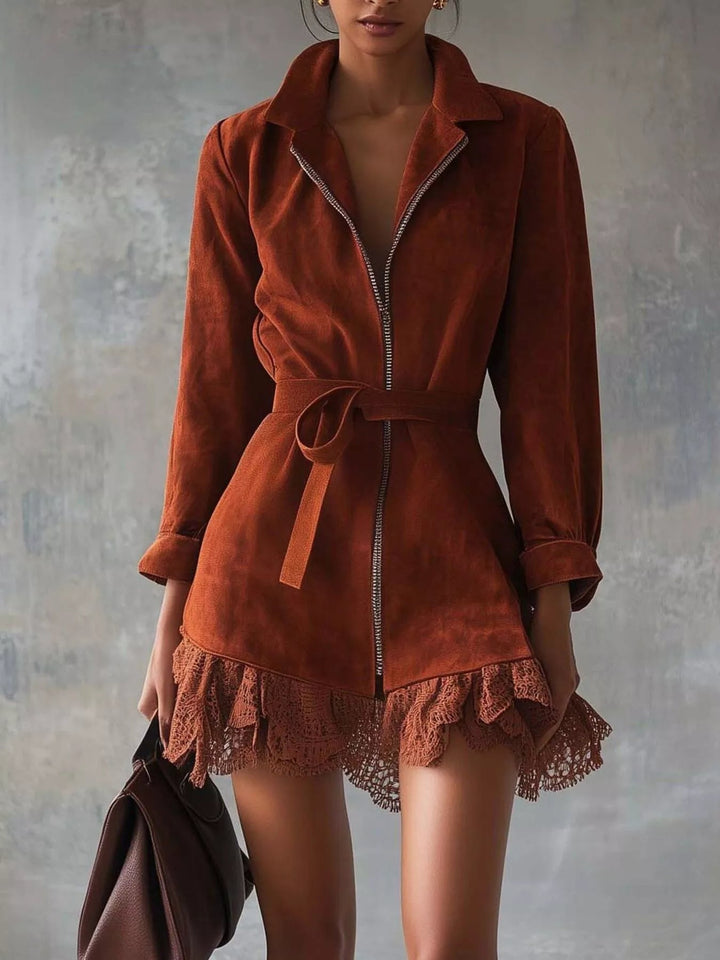 Lace Trim Zip Dress featuring delicate lace detailing, front zipper closure, belted waist, sleek tailored silhouette, and feminine structured design.