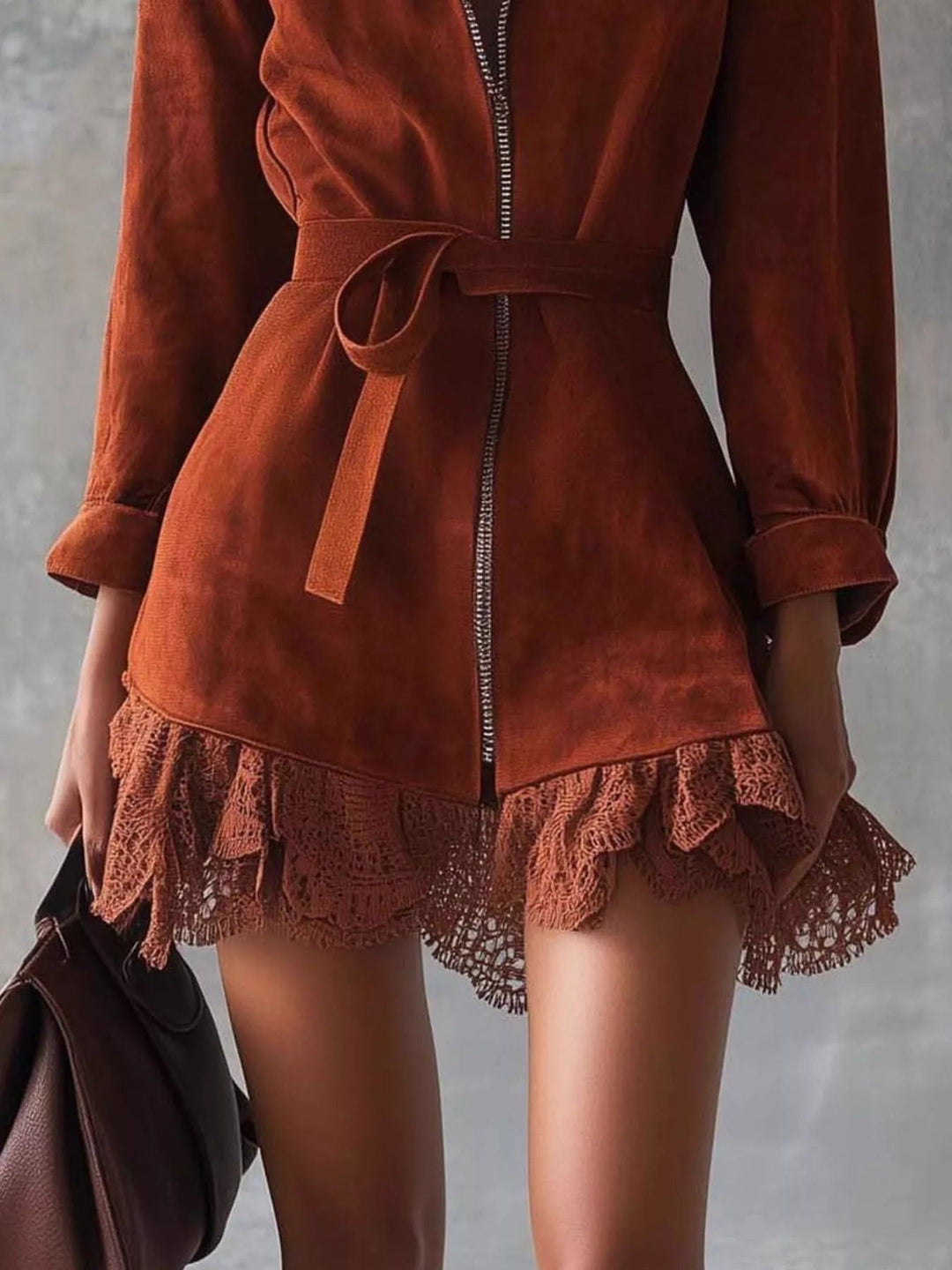Lace Trim Zip Dress featuring delicate lace detailing, front zipper closure, belted waist, sleek tailored silhouette, and feminine structured design.