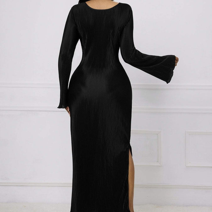 Ladies' Solid Color Fashionable Flared Sleeve Ribbed Slit Elegant Long Sleeved Dress - Glow Goddess