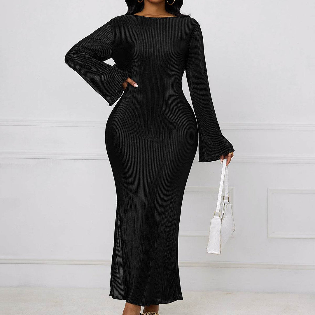 Ladies' Solid Color Fashionable Flared Sleeve Ribbed Slit Elegant Long Sleeved Dress - Glow Goddess