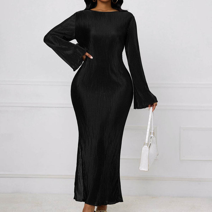 Ladies' Solid Color Fashionable Flared Sleeve Ribbed Slit Elegant Long Sleeved Dress - Glow Goddess