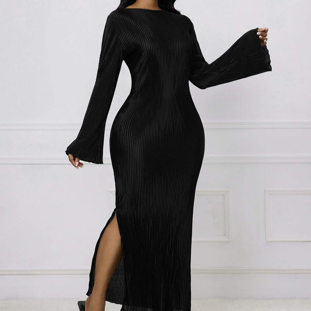 Ladies' Solid Color Fashionable Flared Sleeve Ribbed Slit Elegant Long Sleeved Dress - Glow Goddess