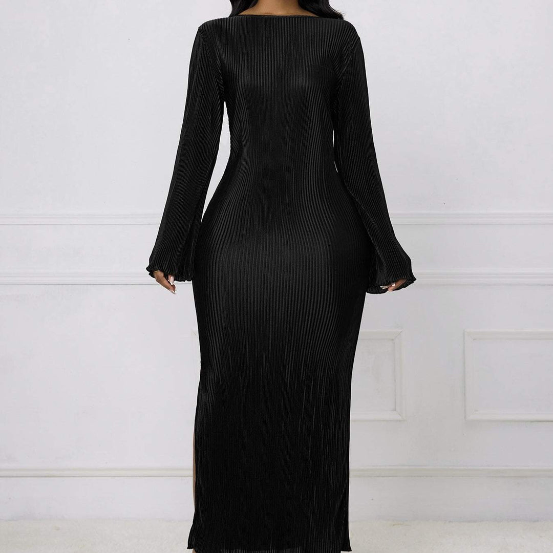 Ladies' Solid Color Fashionable Flared Sleeve Ribbed Slit Elegant Long Sleeved Dress - Glow Goddess