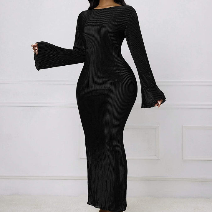 Ladies' Solid Color Fashionable Flared Sleeve Ribbed Slit Elegant Long Sleeved Dress - Glow Goddess