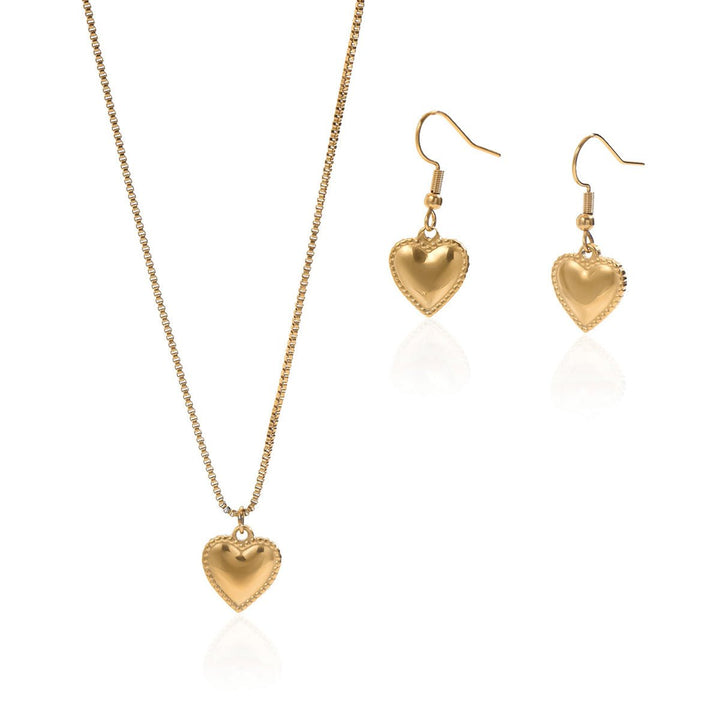 18K Gold Puffy Heart Jewelry Set for Women – Necklace and Earrings, Waterproof and Hypoallergenic