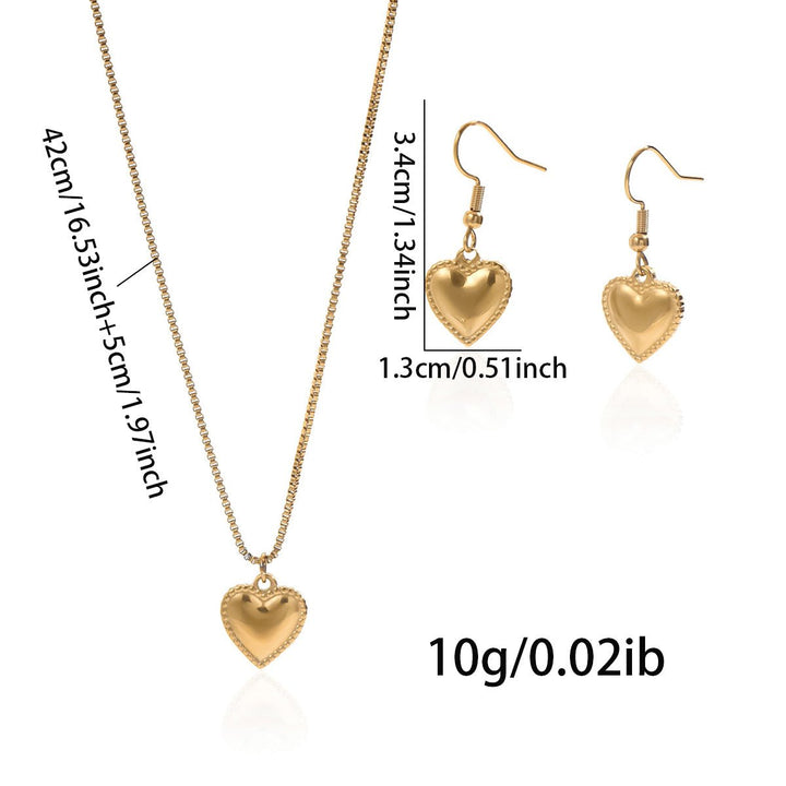 18K Gold Puffy Heart Jewelry Set for Women – Necklace and Earrings, Waterproof and Hypoallergenic
