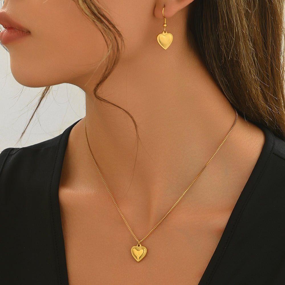 18K Gold Puffy Heart Jewelry Set for Women – Necklace and Earrings, Waterproof and Hypoallergenic