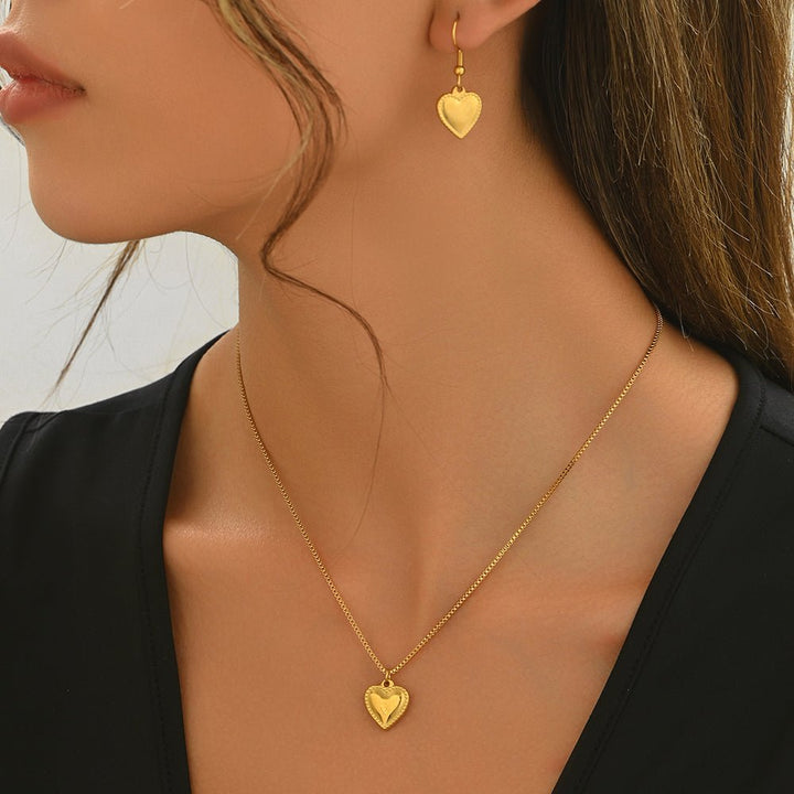 18K Gold Puffy Heart Jewelry Set for Women – Necklace and Earrings, Waterproof and Hypoallergenic