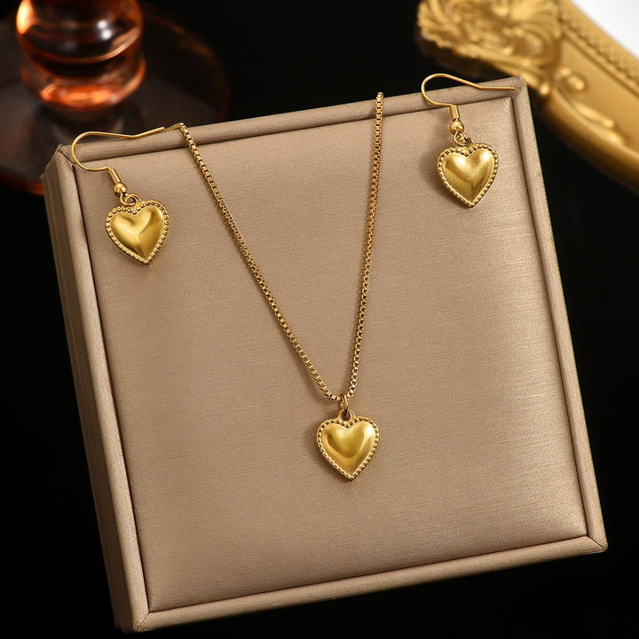18K Gold Puffy Heart Jewelry Set for Women – Necklace and Earrings, Waterproof and Hypoallergenic