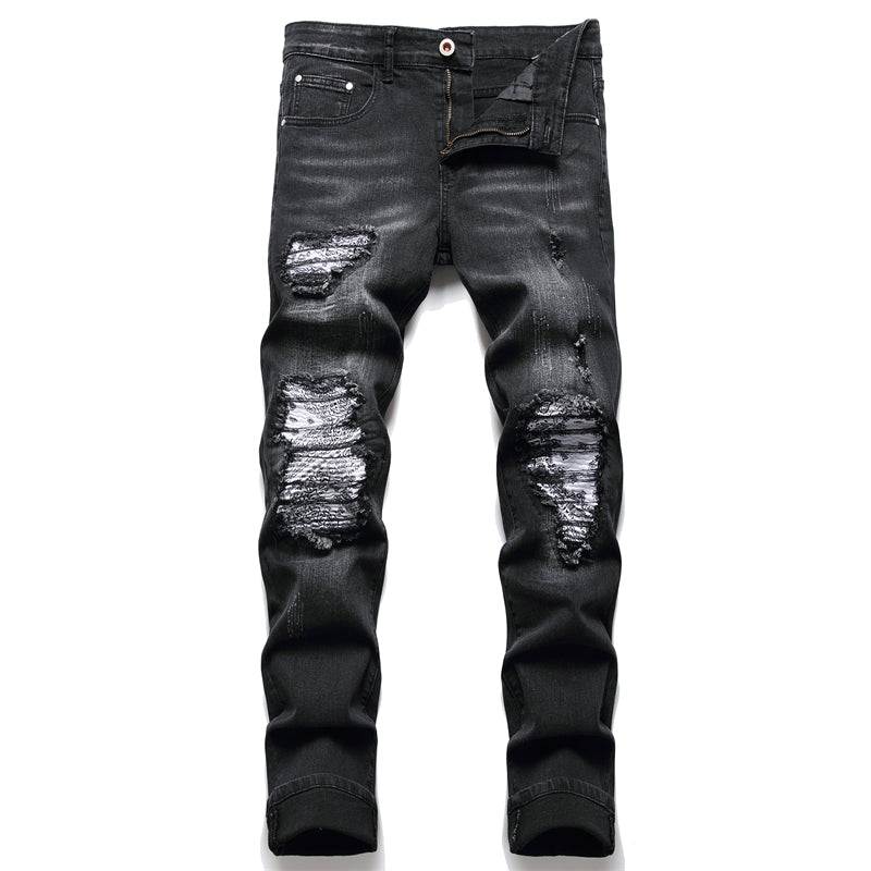 Men’s biker jeans with paisley print patches, straight leg casual denim pants, available in sizes 28–40
