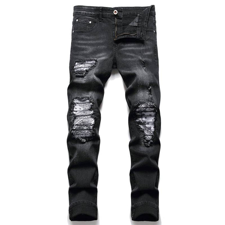 Men’s biker jeans with paisley print patches, straight leg casual denim pants, available in sizes 28–40