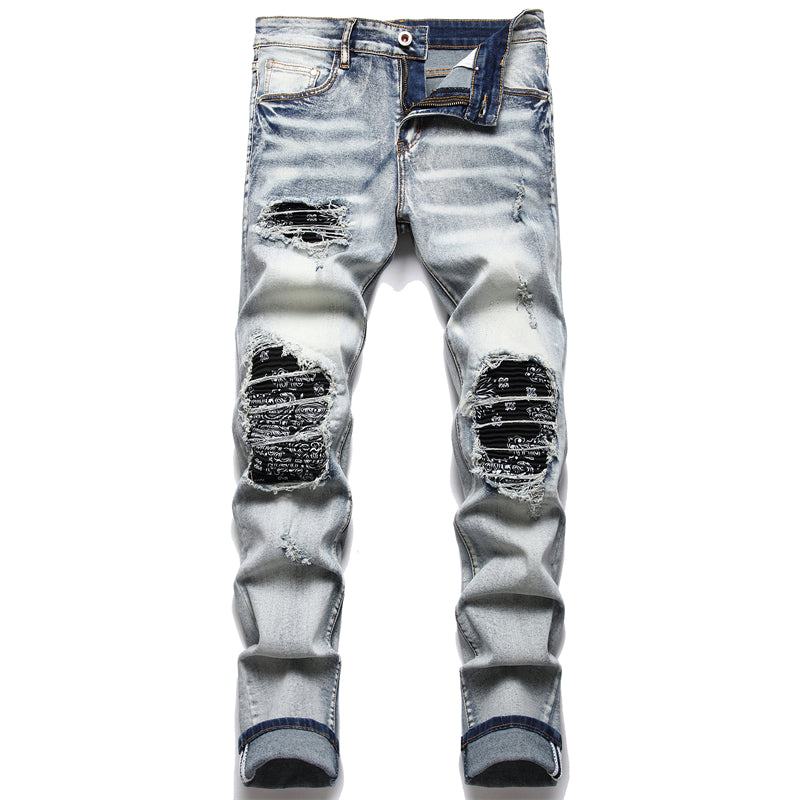 Men’s biker jeans with paisley print patches, straight leg casual denim pants, available in sizes 28–40