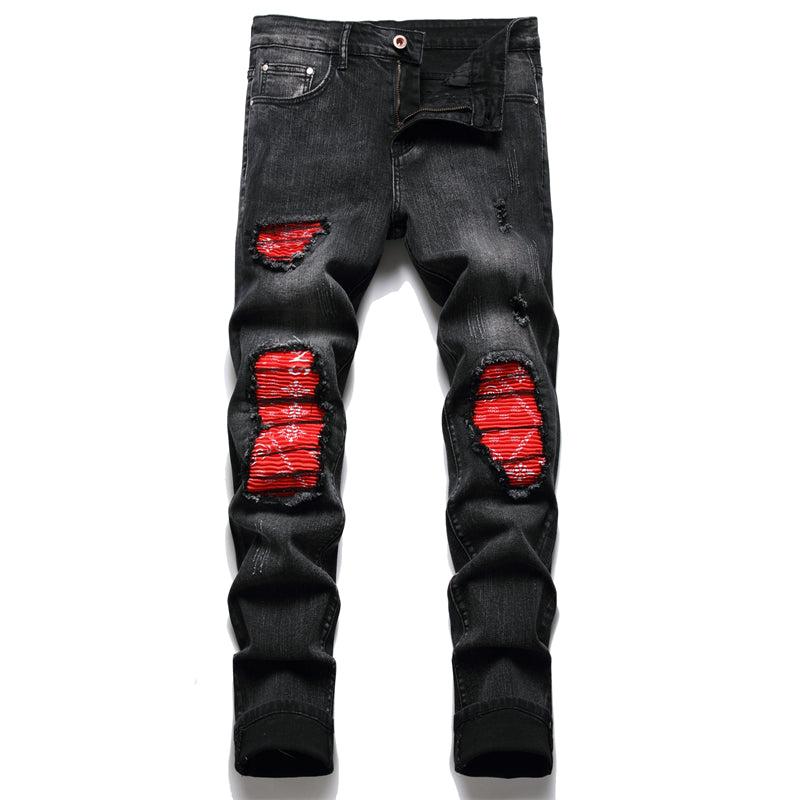 Men’s biker jeans with paisley print patches, straight leg casual denim pants, available in sizes 28–40